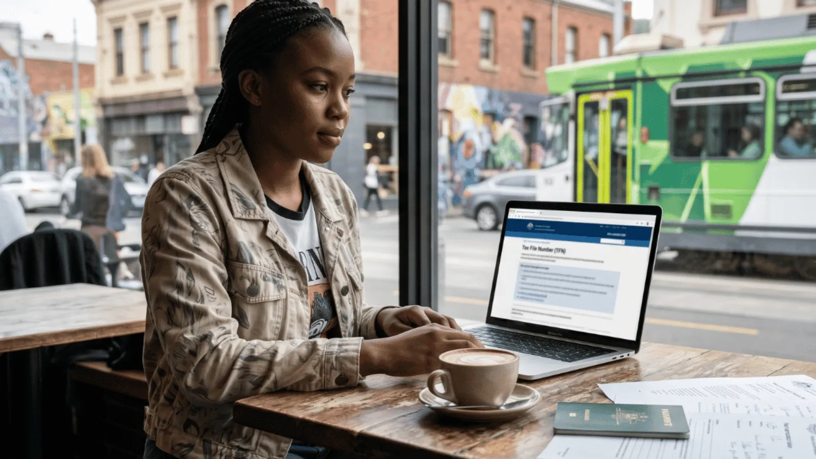 TFN Applications in Australia Person applying for an Australian Tax File Number online using a laptop with passport and identity documents on a desk.