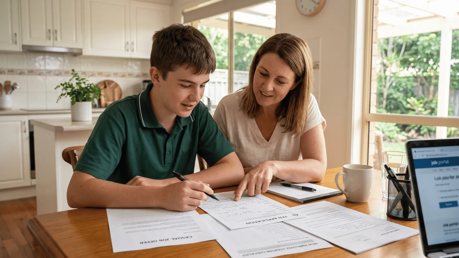 Teen starting first job preparation Teenager discussing first job paperwork with parent at home.