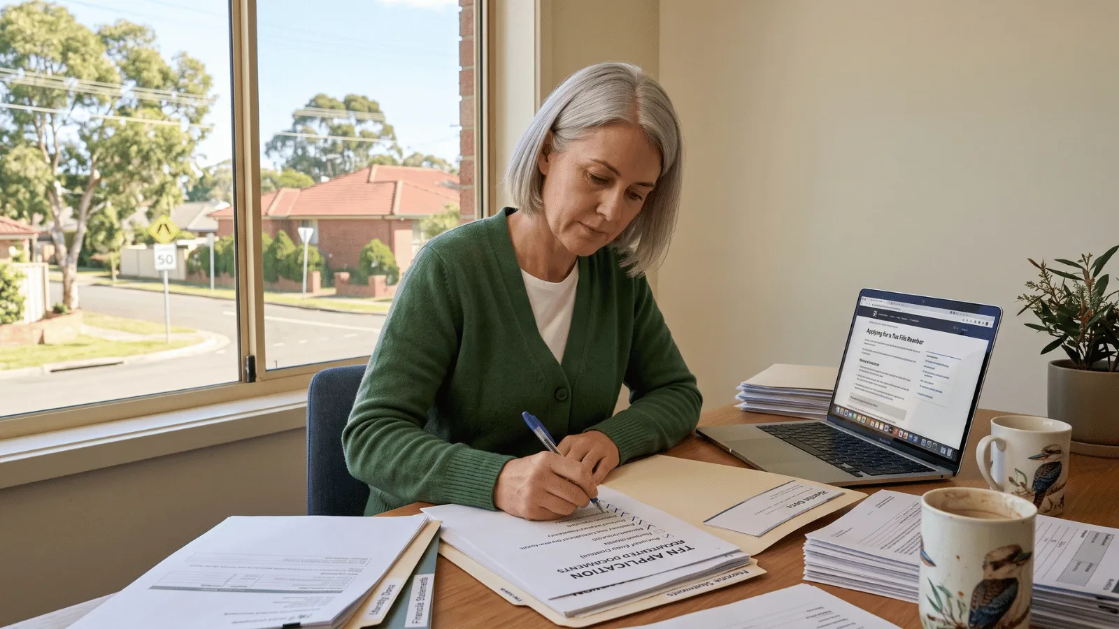 TFN Application Document Preparation Young adult checking TFN application document checklist in home office.