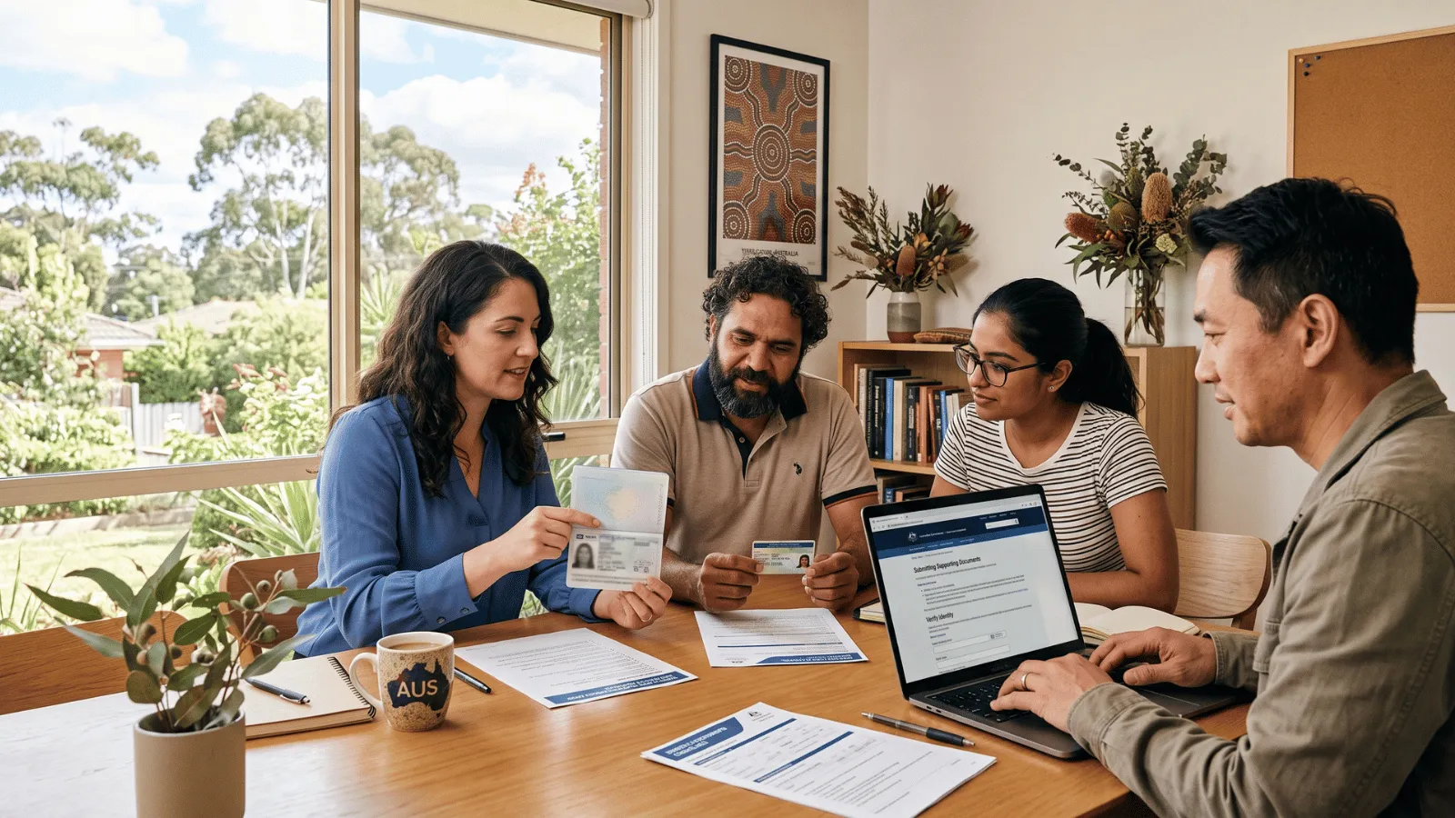 TFN documents application type Diverse group reviewing identity documents for TFN application in Australia.