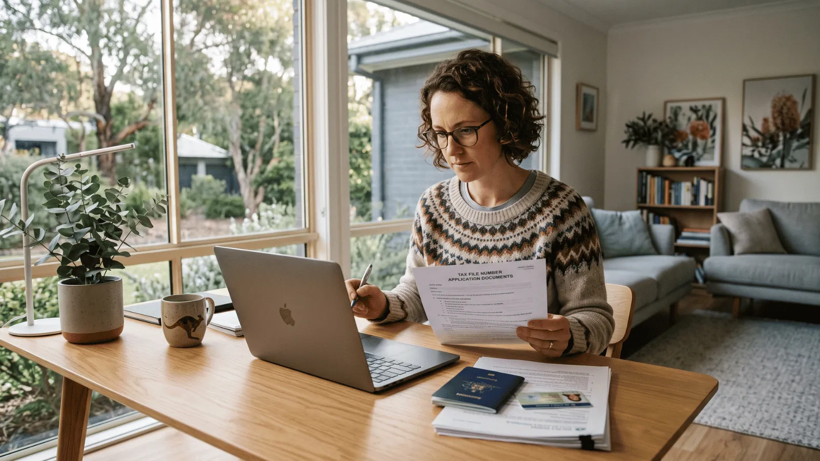 TFN Application Document Review Australian worker reviewing TFN application documents at home