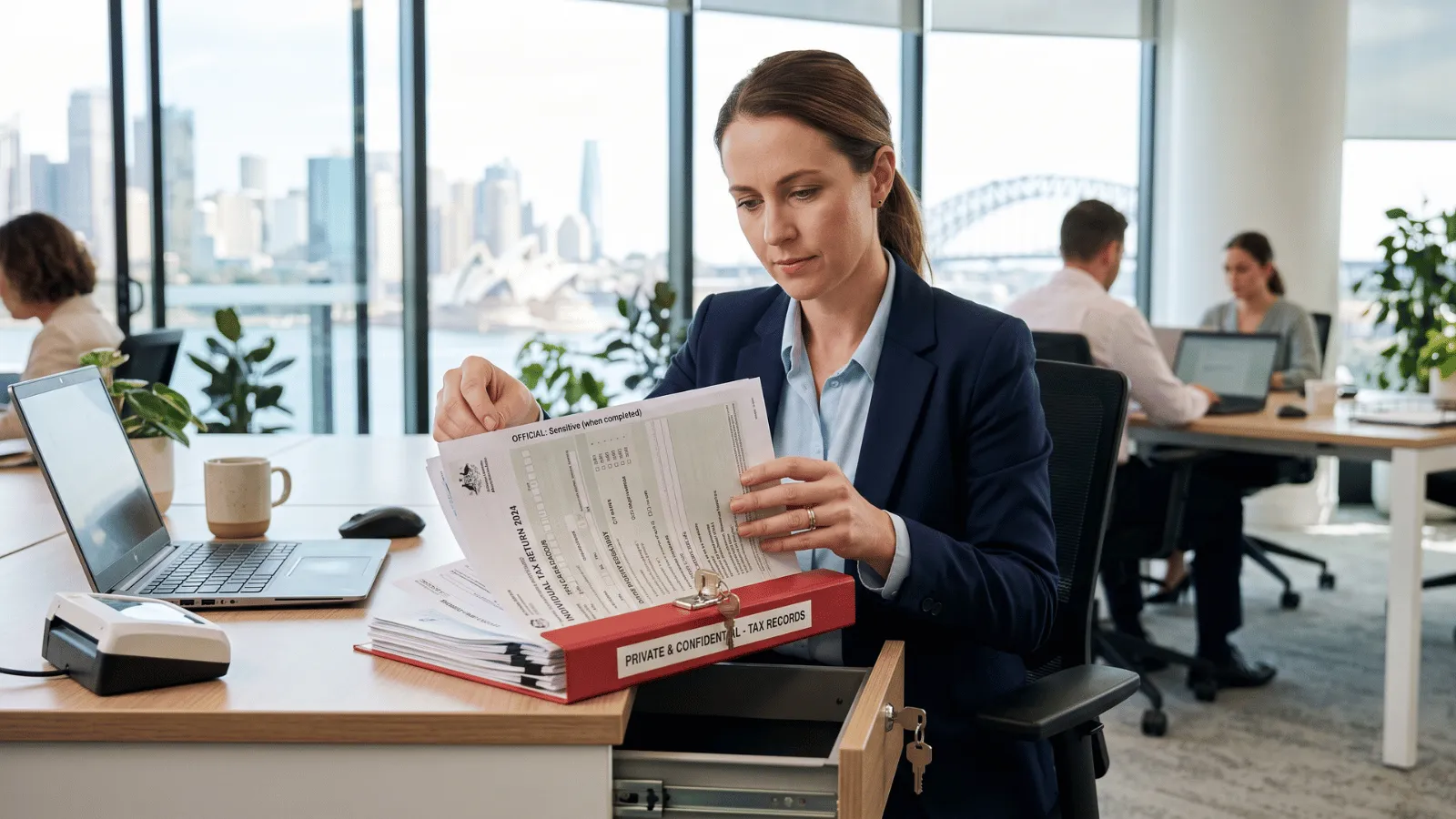 Understanding TFN in Australia Australian office worker handling tax documents securely.