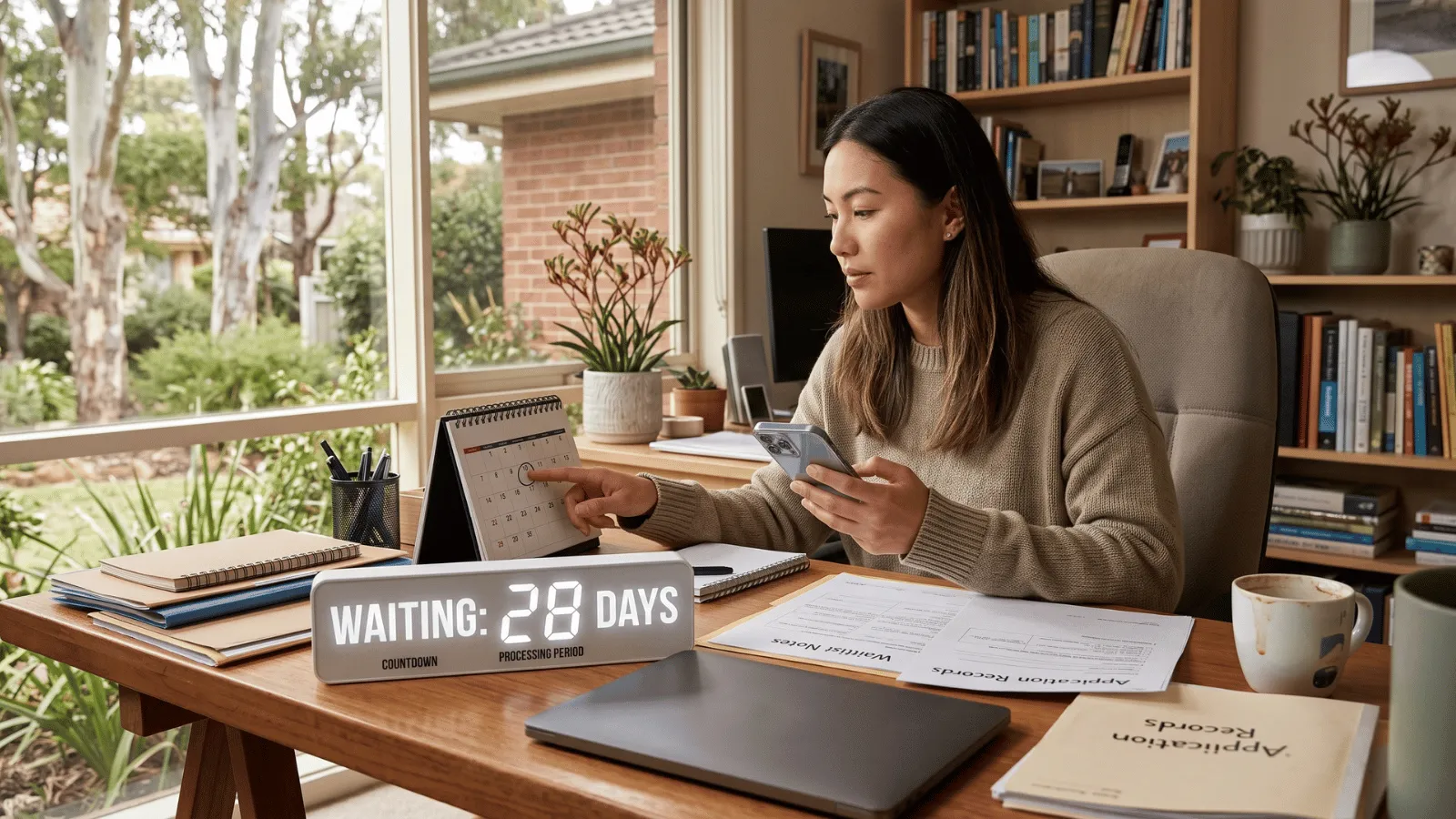 TFN processing time start Person checking calendar and phone for TFN processing update at home